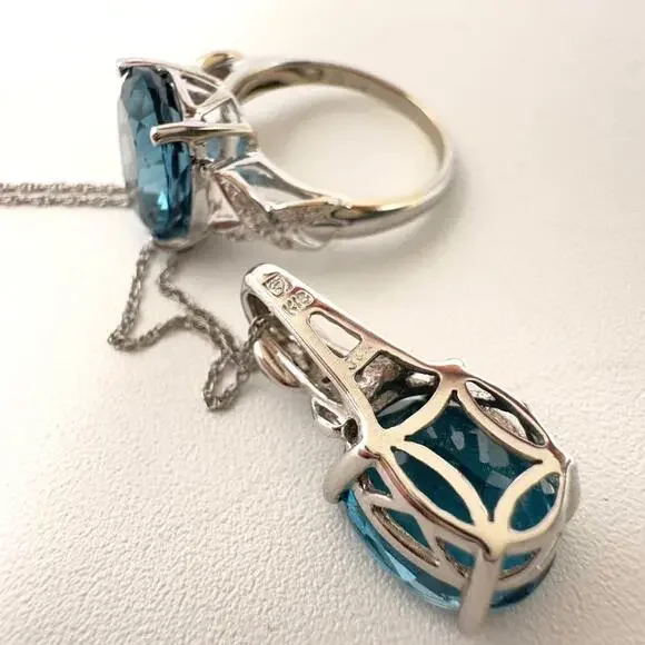 John C Rinker Blue Topaz 18K White Gold Pendant Necklace and Ring w Diamonds